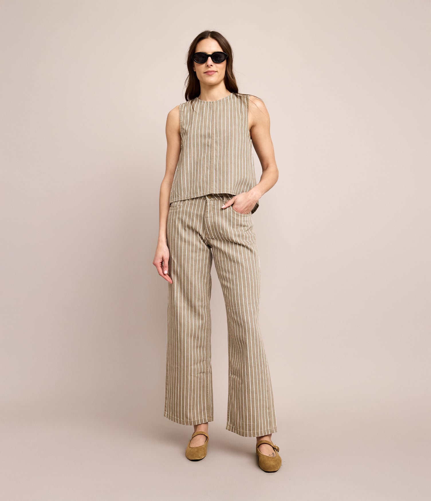 Pantalón Mujer Denim 100% Algodón Rayado Beige