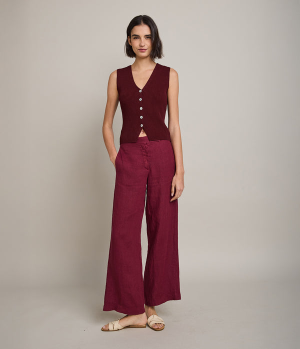 Pantalón Mujer 100% Lino Firenze Burdeo