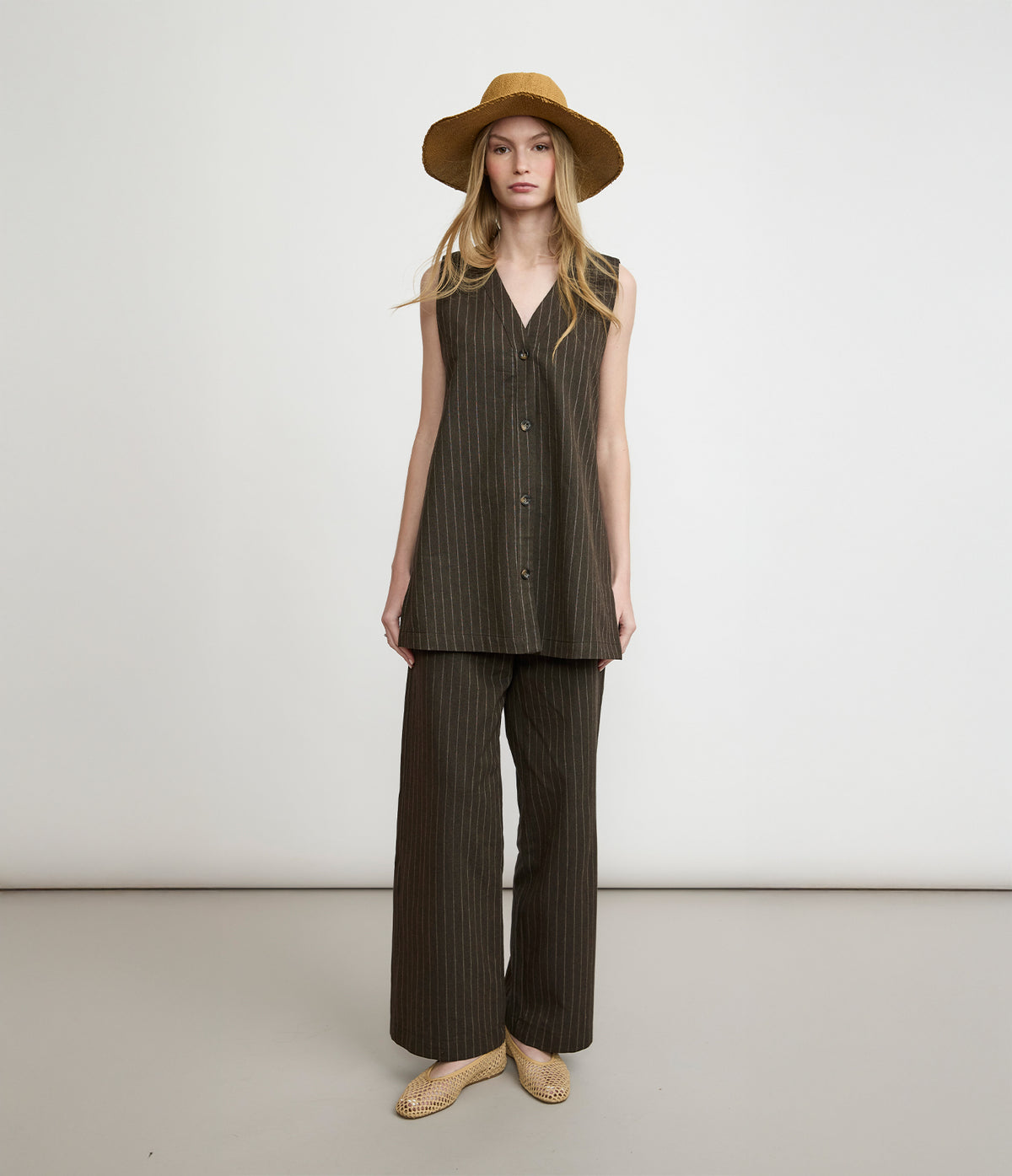 Pantalón Mujer Lino Milan Café Rayado