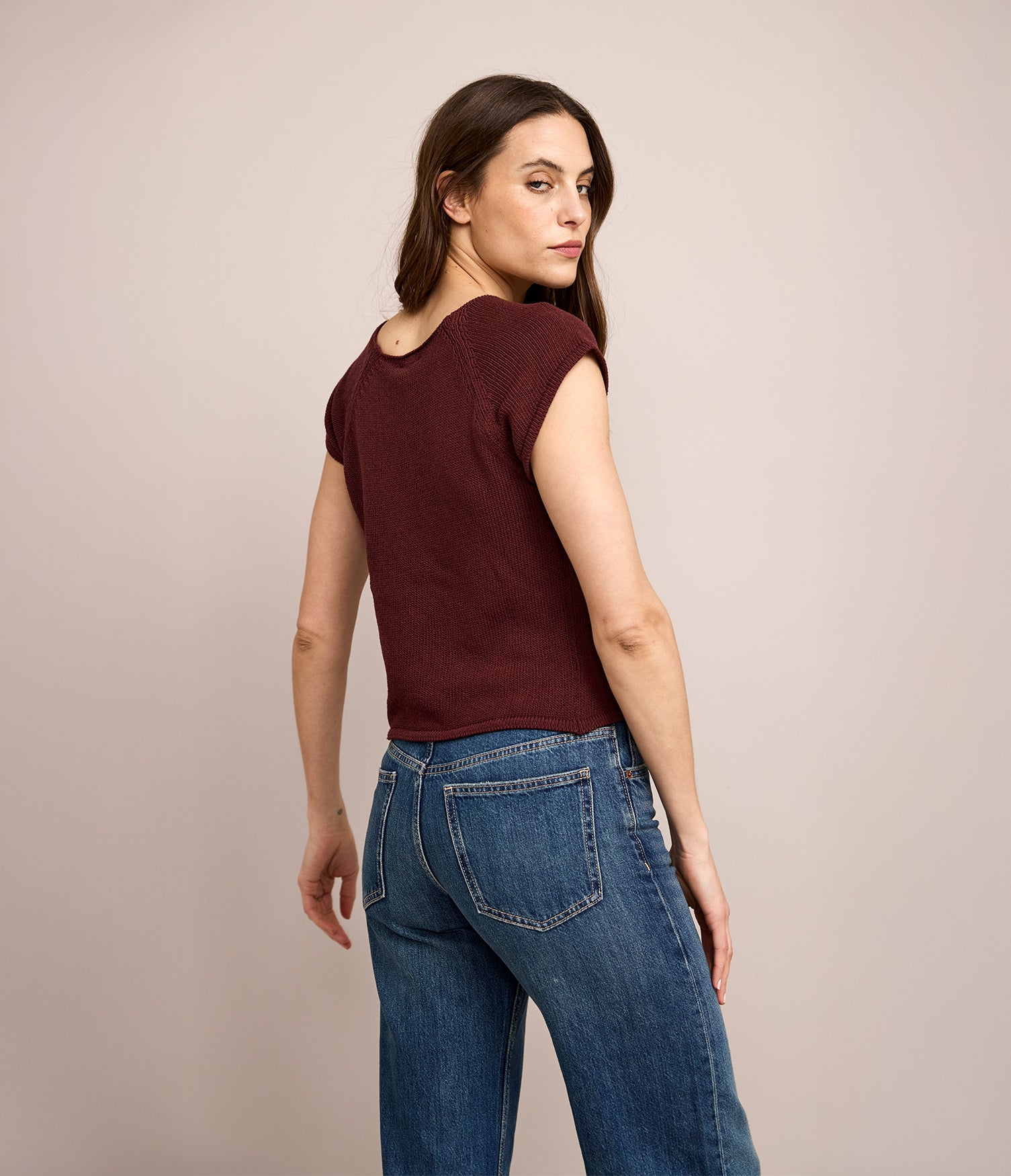 Polera Mujer Tejida Algodón Lia Burdeo
