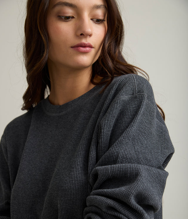 Polera Mujer Algodón Waffle Gris Marengo