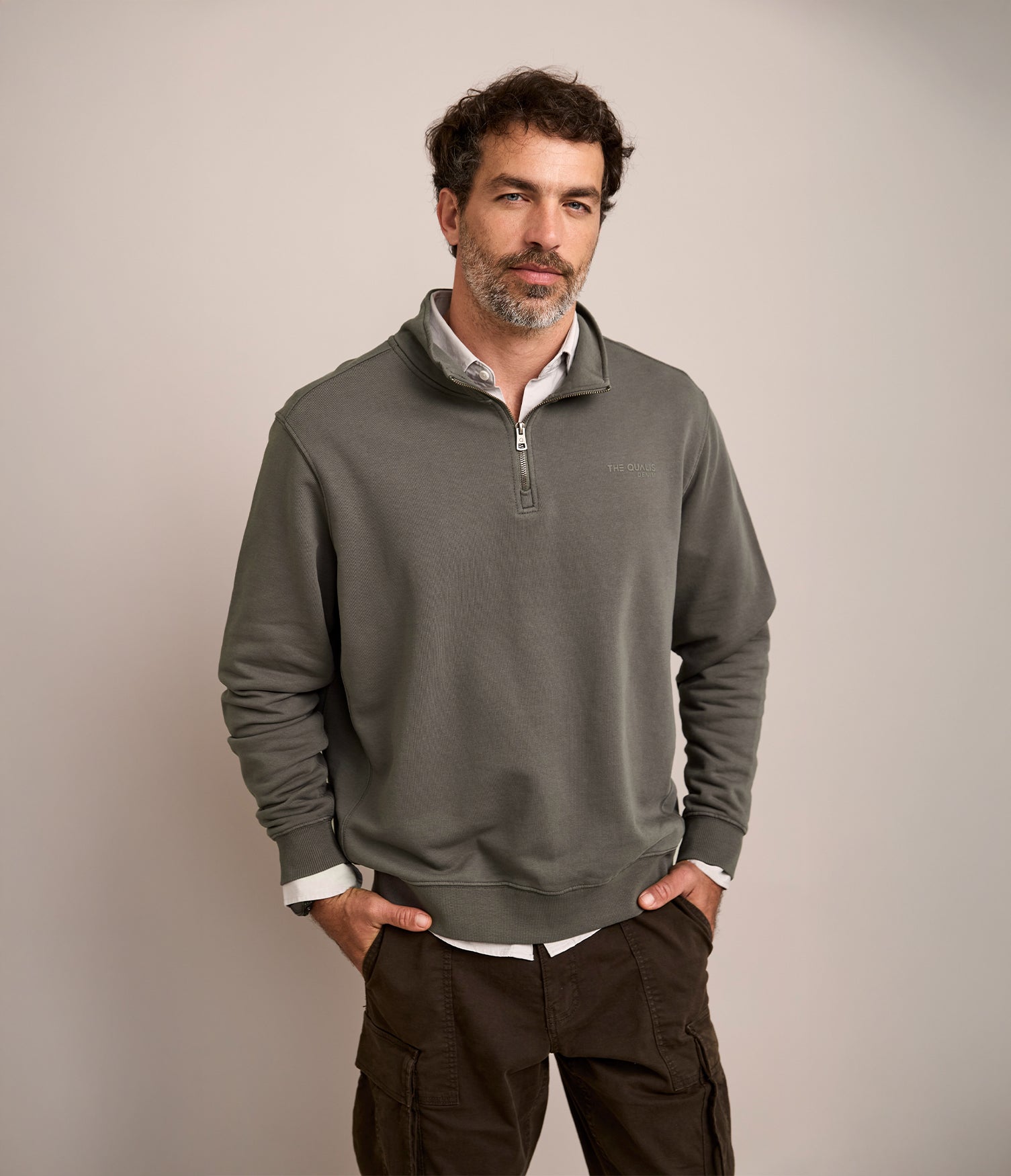 Polerón Hombre Algodón Half Zipper Teo Verde