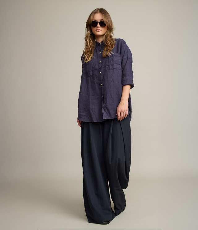 Blusa Mujer 100% Lino Sabah Azul Oscuro