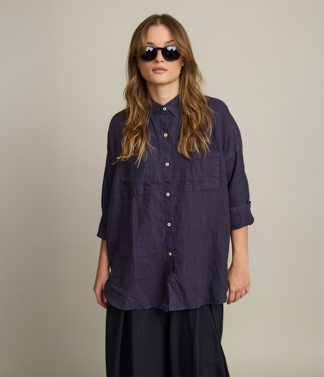 Blusa Mujer 100% Lino Sabah Azul Oscuro