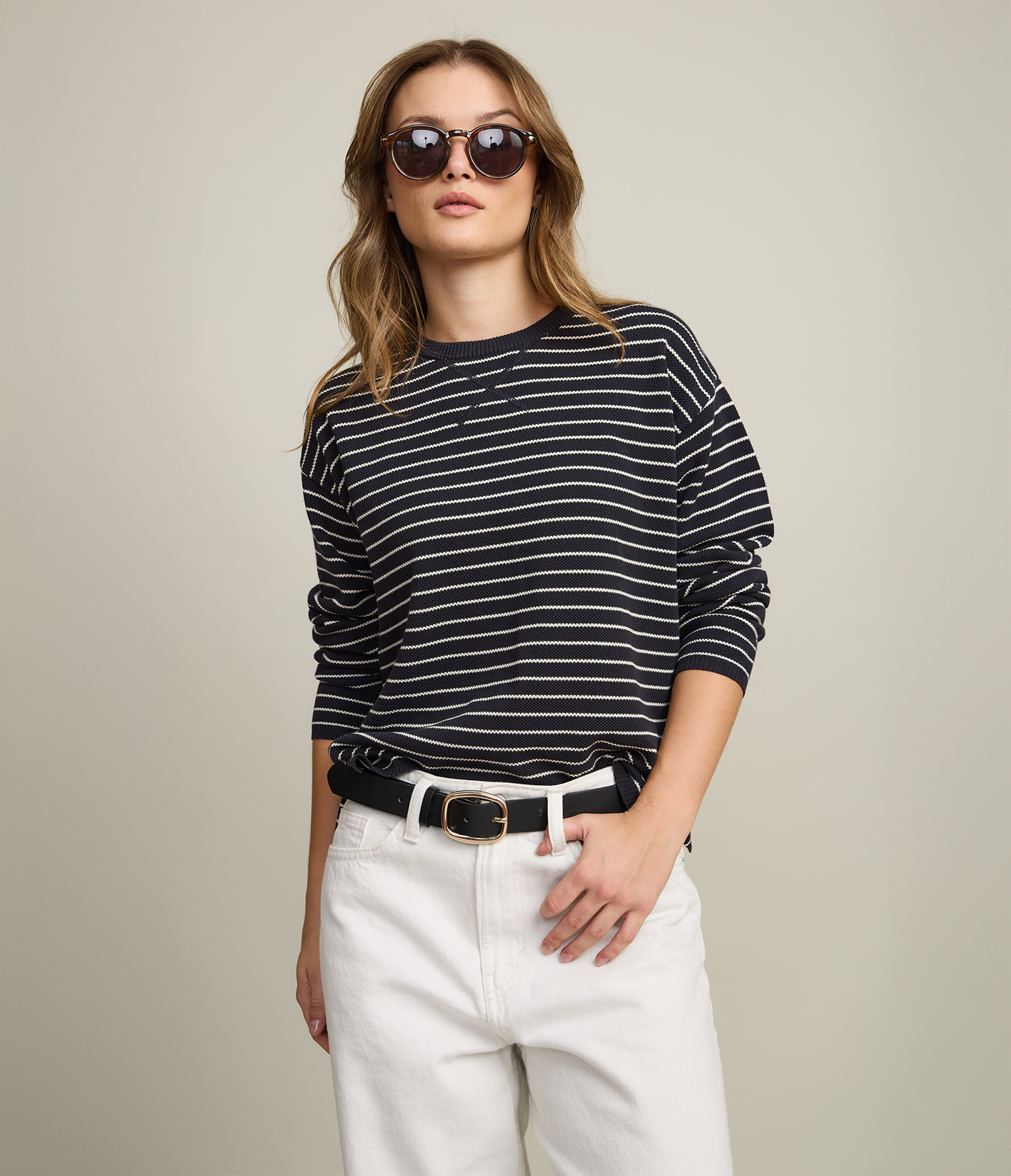 Polerón Tejido Mujer 100% algodón Rayado Navy