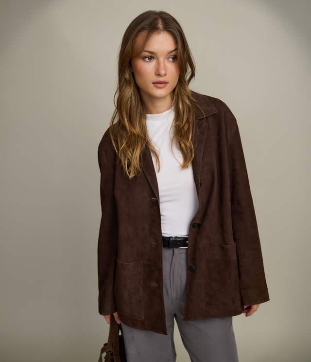 Chaqueta Blazer Mujer 100% Cuero Gamuza Café