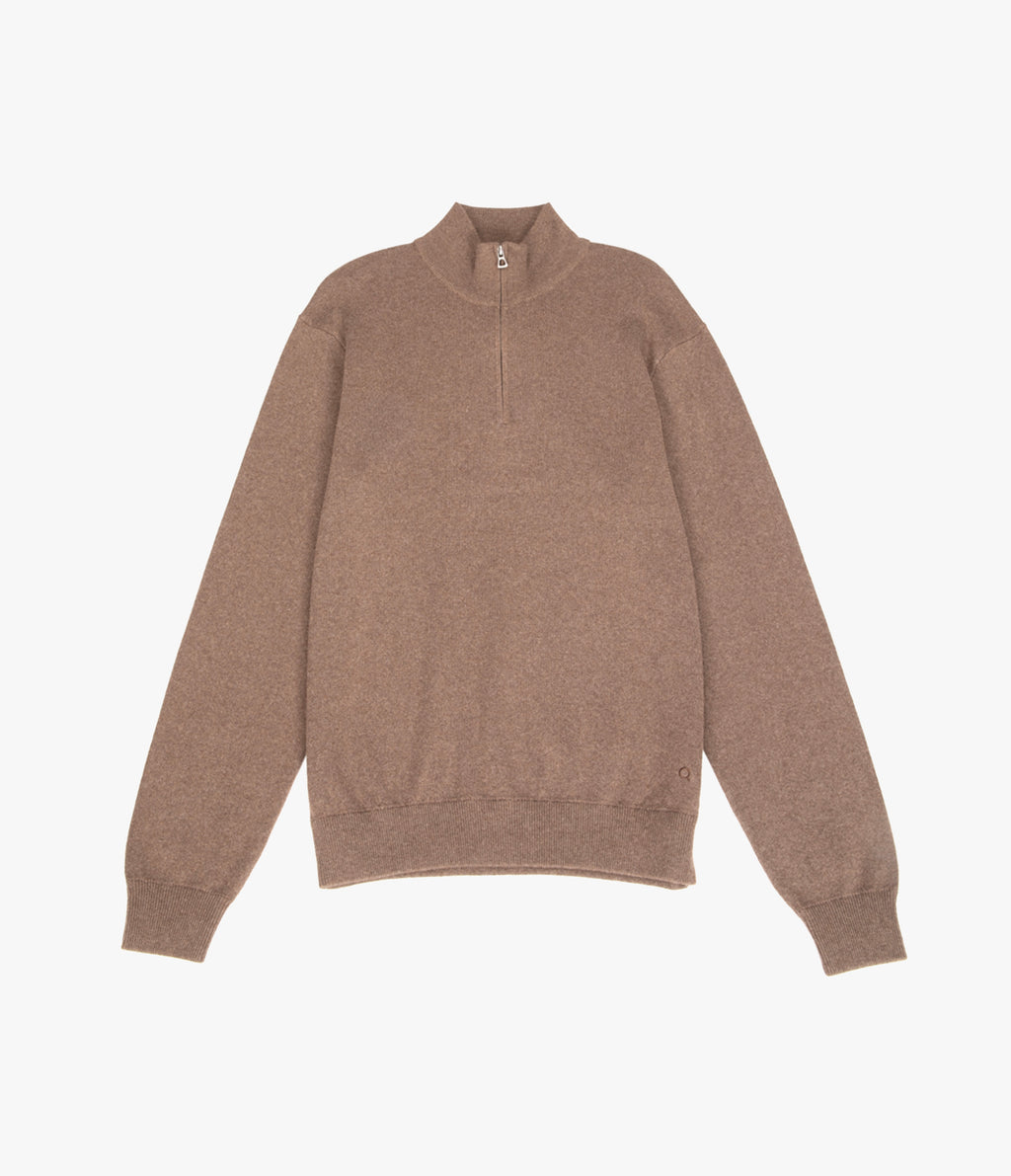 Sweater Hombre Algodón con Lana Merino Medio Cierre Café