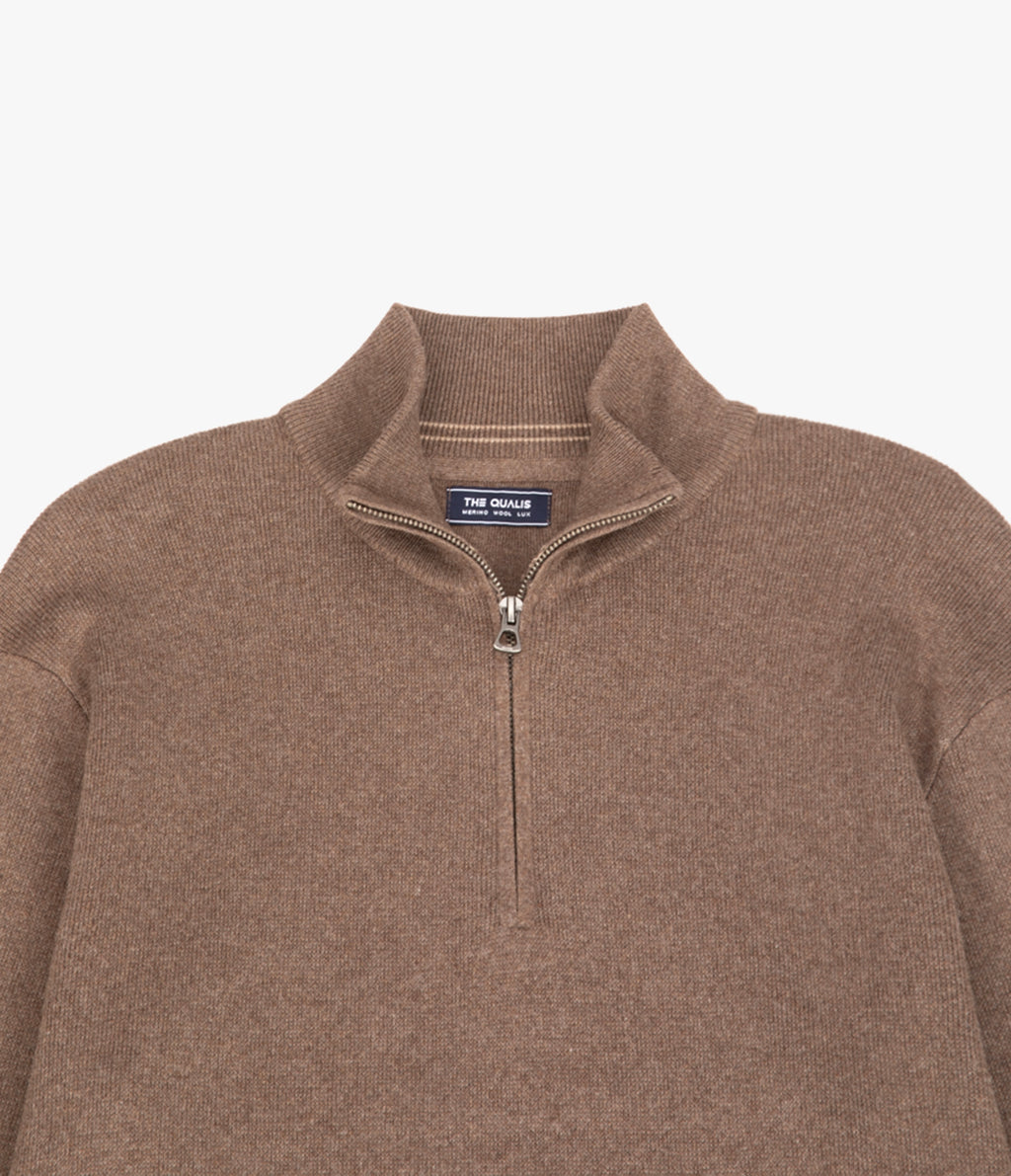 Sweater Hombre Algodón con Lana Merino Medio Cierre Café