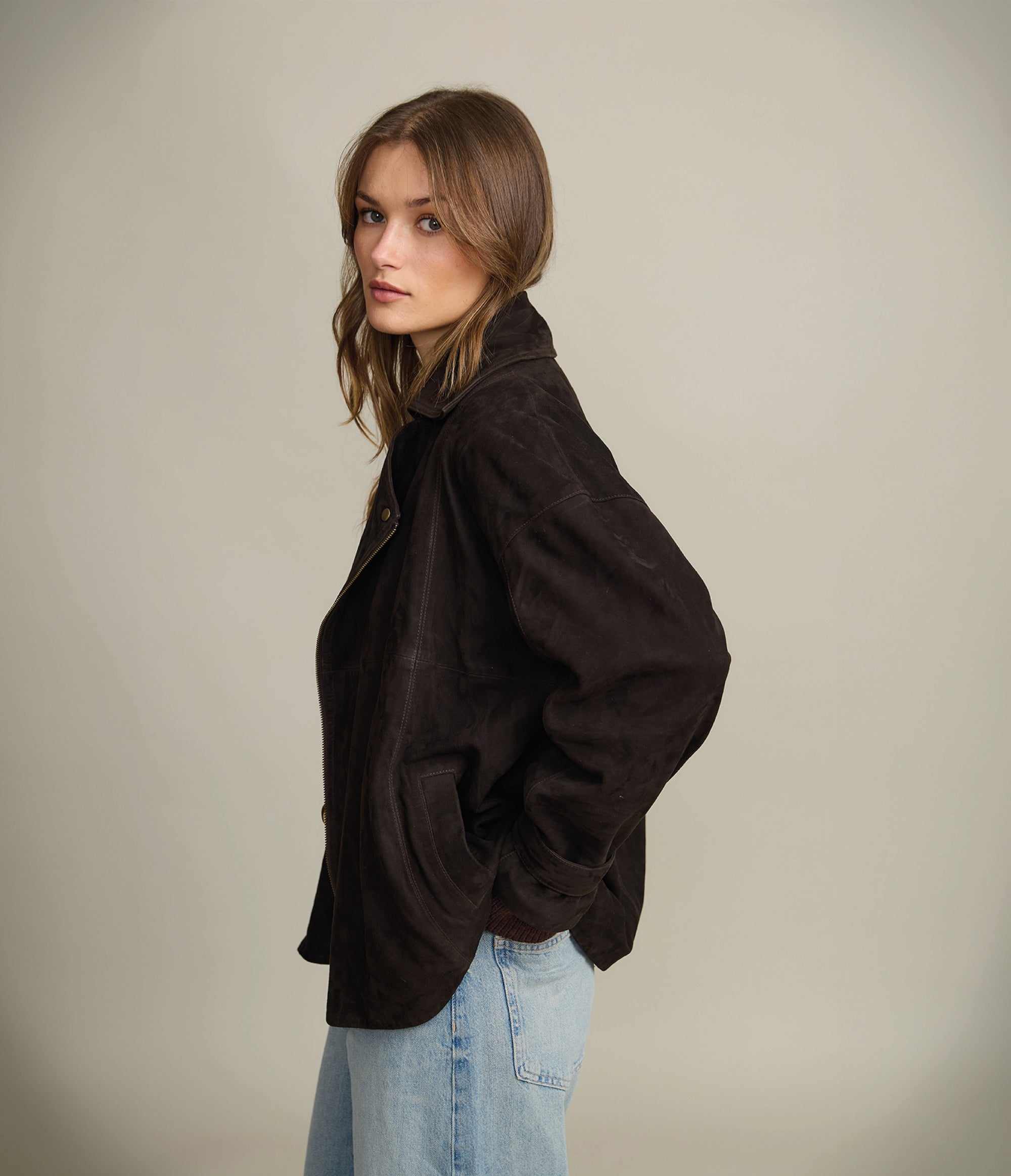 Chaqueta Mujer 100% Cuero Oversize Café