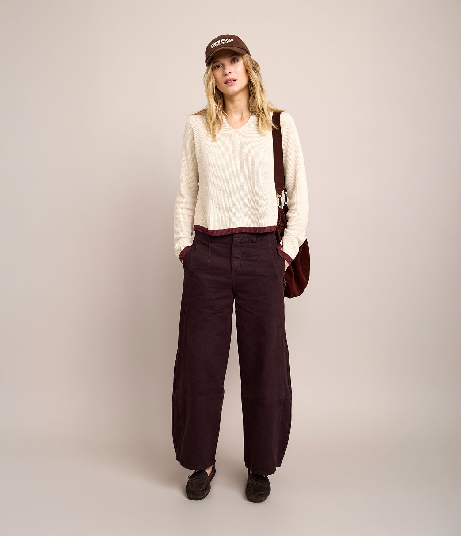 Sweater Mujer Algodón Lucca Ecru Burdeo
