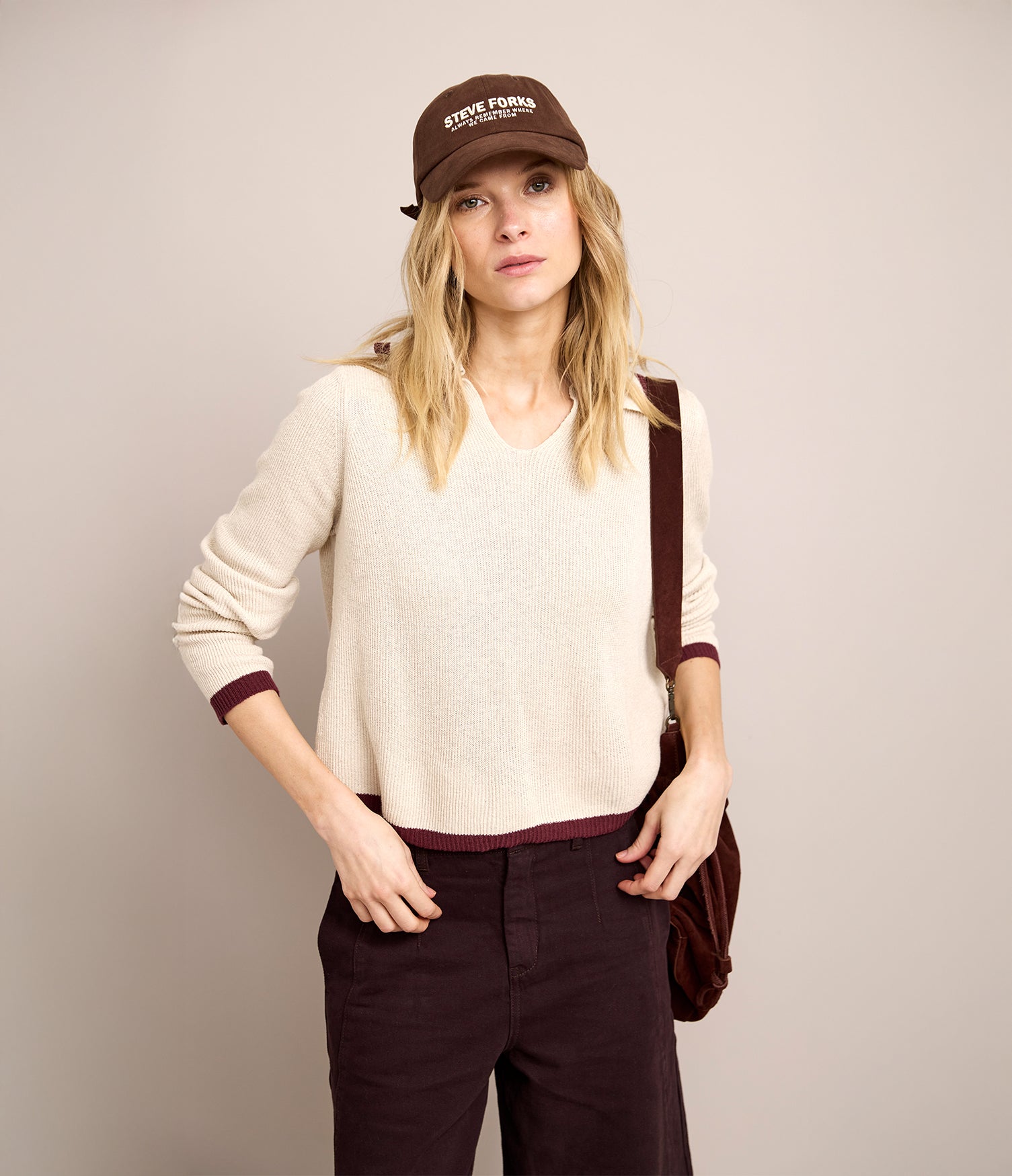 Sweater Mujer Algodón Lucca Ecru Burdeo
