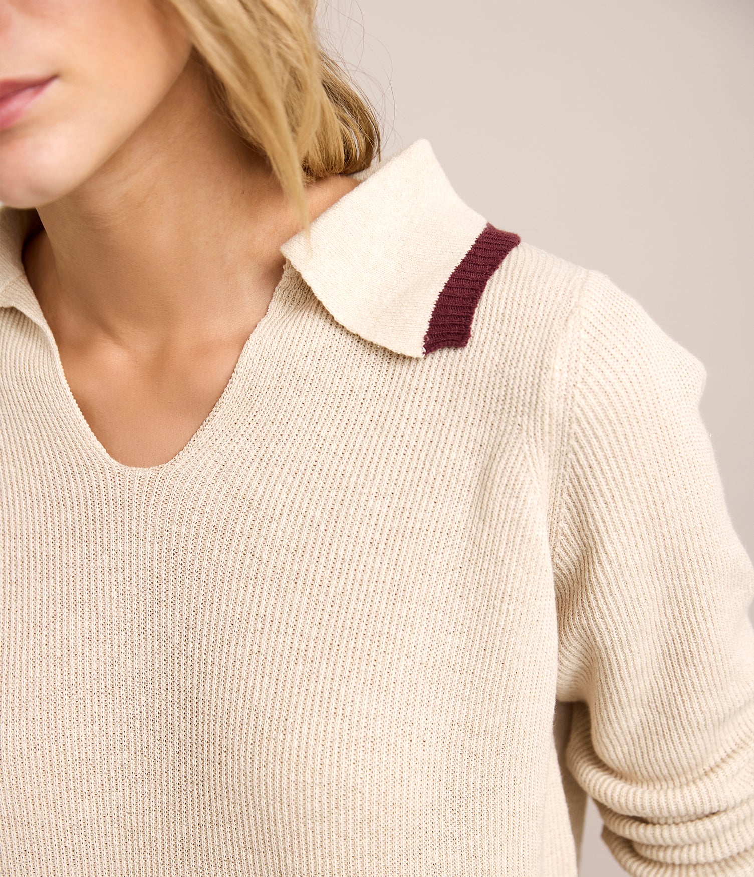 Sweater Mujer Algodón Lucca Ecru Burdeo
