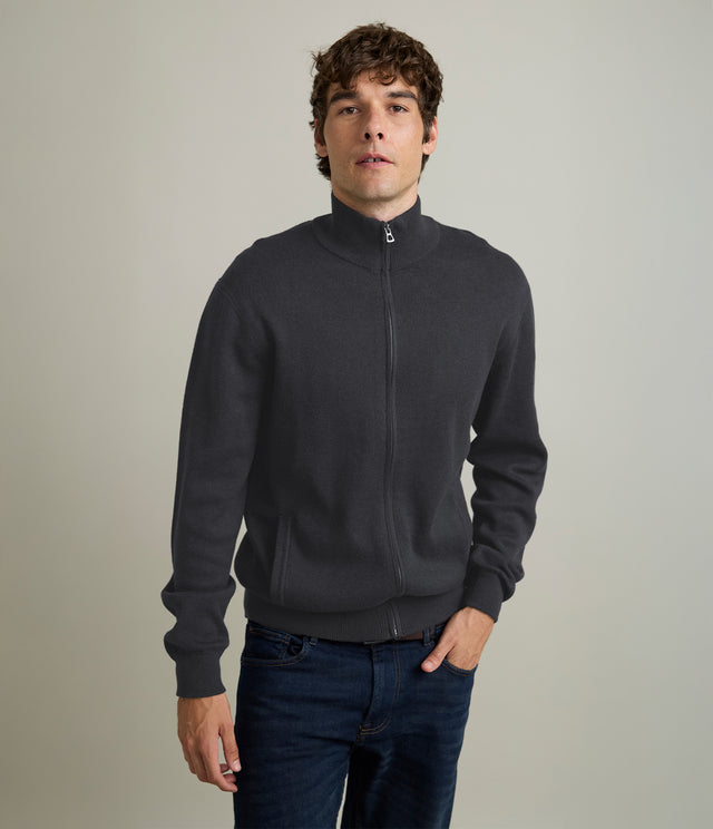Sweater Hombre Algodón con Lana Merino Cierre Gris Marengo