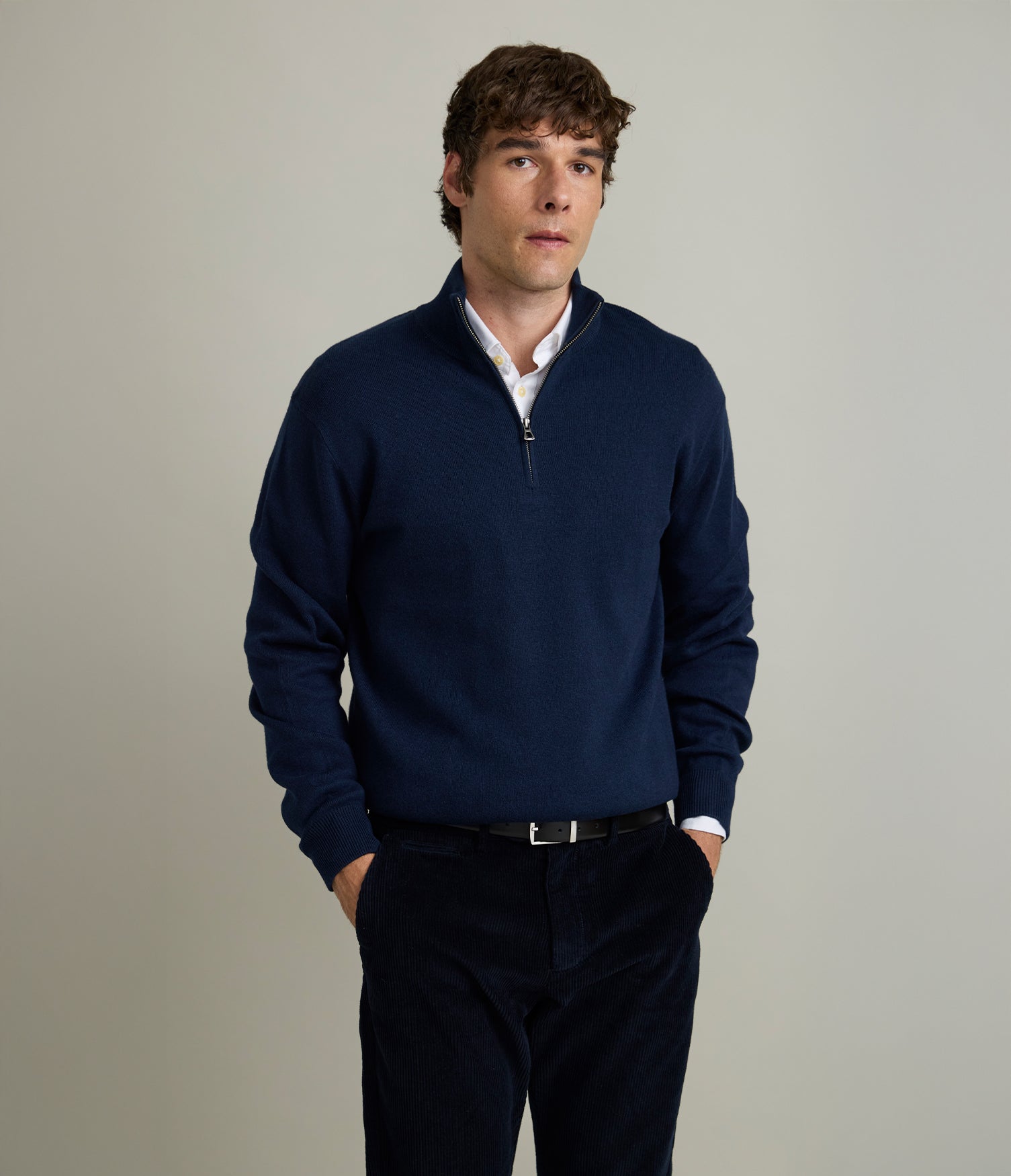 Sweater Hombre Algodón con Lana Merino Medio Cierre Azul Marino