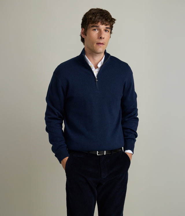 Sweater Hombre Algodón con Lana Merino Medio Cierre Azul Marino