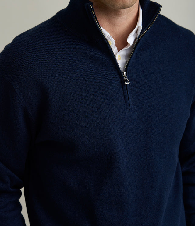 Sweater Hombre Algodón con Lana Merino Medio Cierre Azul Marino