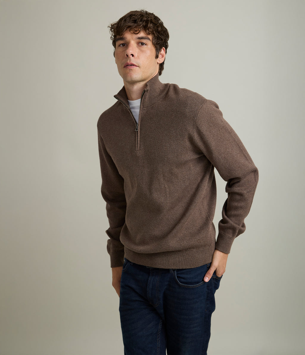 Sweater Hombre Algodón con Lana Merino Medio Cierre Café