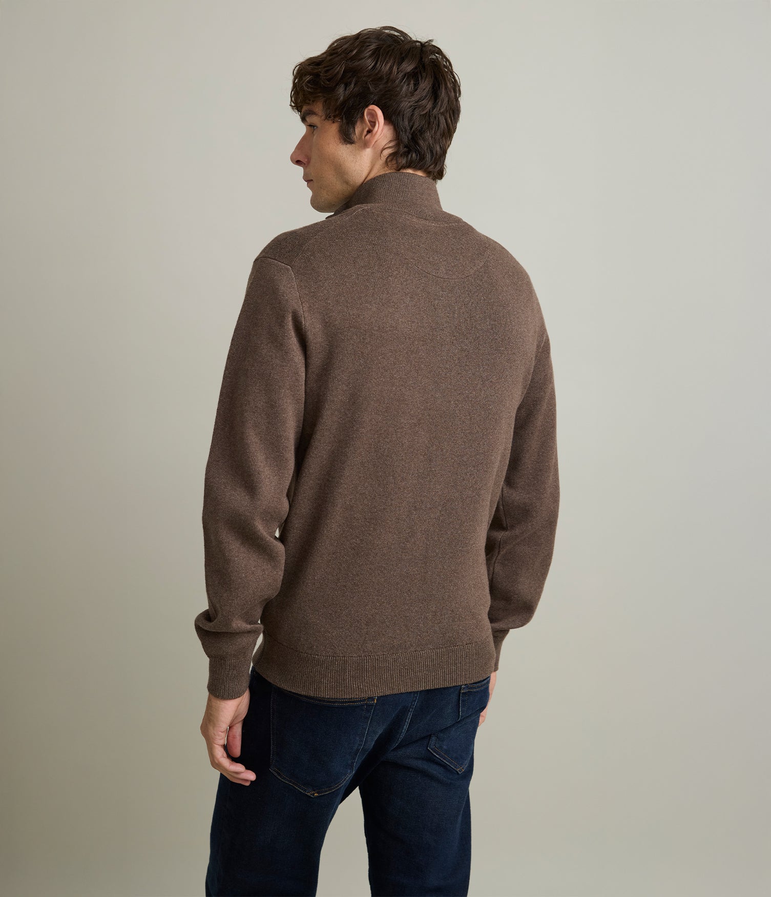 Sweater Hombre Algodón con Lana Merino Medio Cierre Café