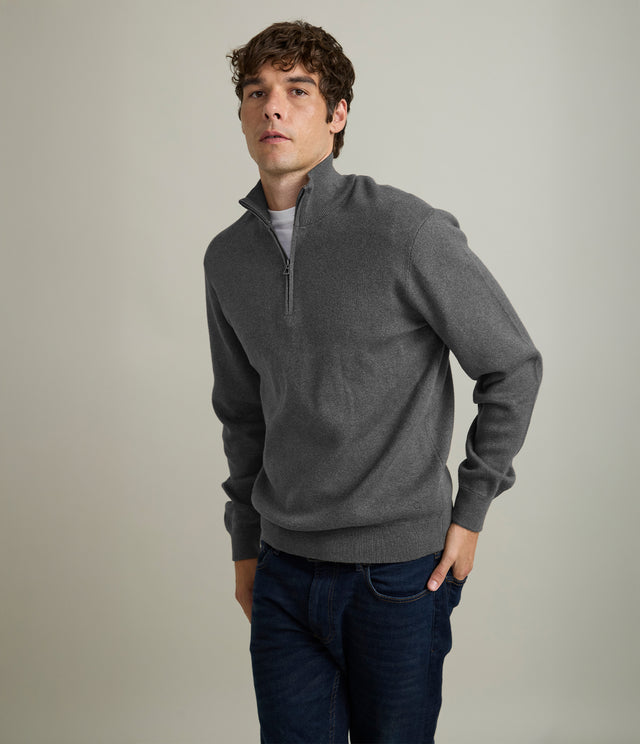 Sweater Hombre Algodón con Lana Merino Medio Cierre Gris marengo