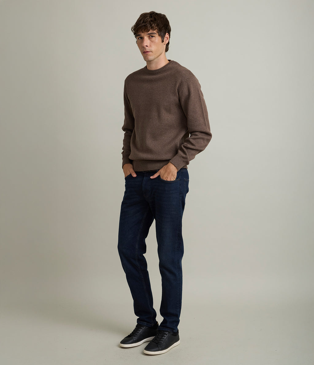 Sweater Hombre Algodón con Lana Merino Cuello Redondo Café