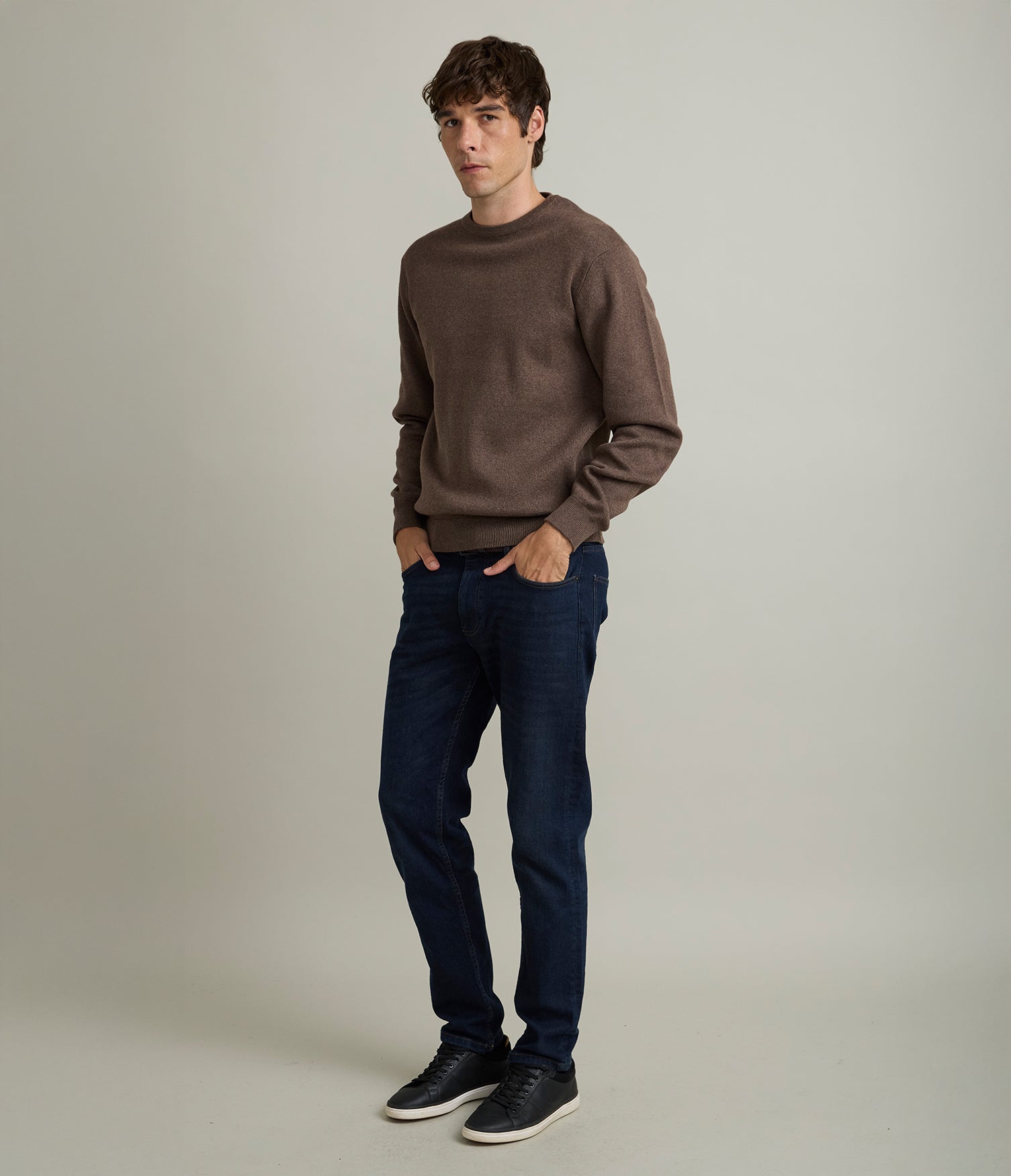 Sweater Hombre Algodón con Lana Merino Cuello Redondo Café