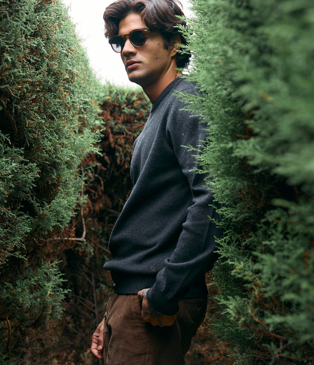 Sweater Hombre Algodón con Lana Merino Cuello Redondo Gris Marengo