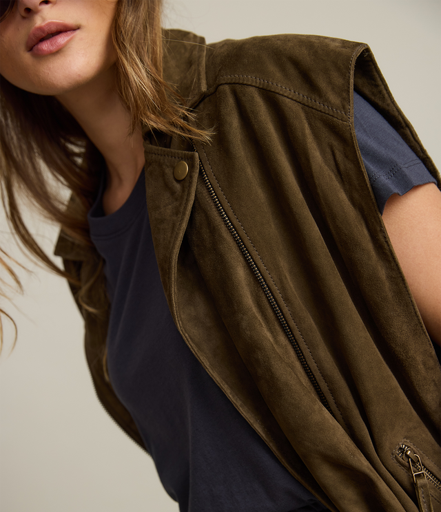 Chaqueta Mujer 100% Cuero Gamuza Sin Manga