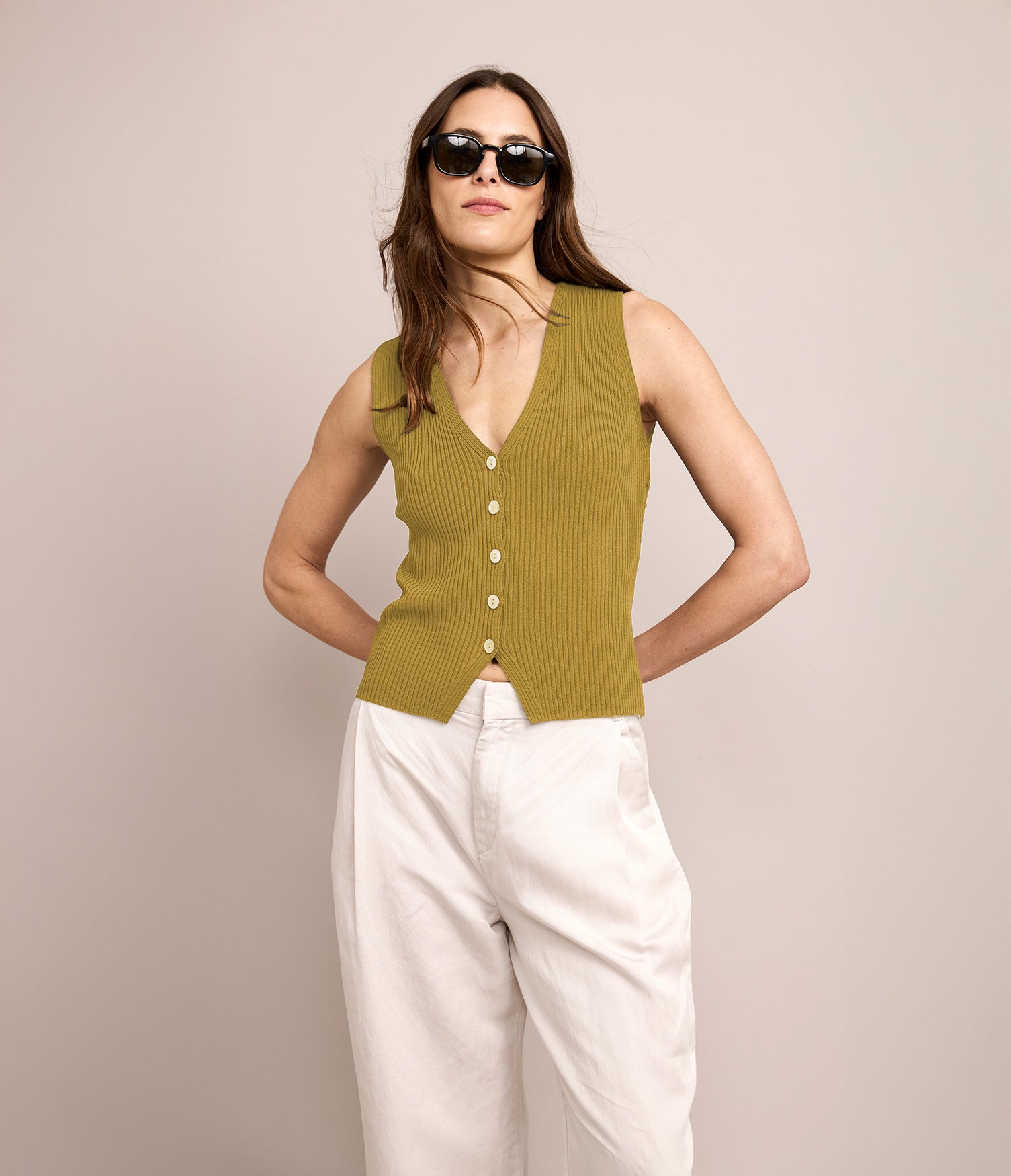 Top Mujer Tejido Botones Pistacho