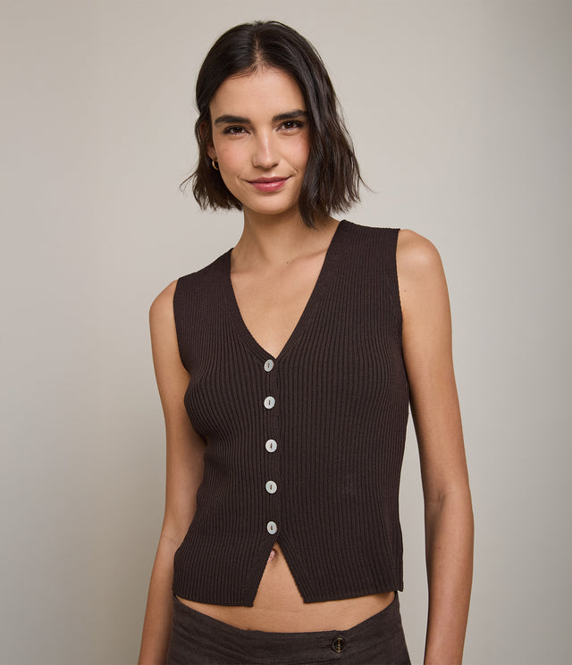 Top Mujer Viscosa Italiana Botones Café