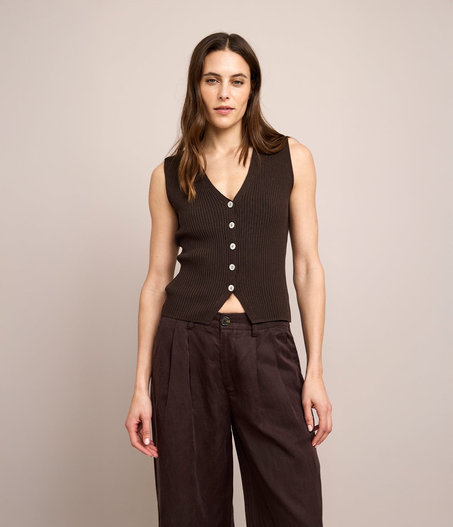 Top Mujer Tejido Botones Café