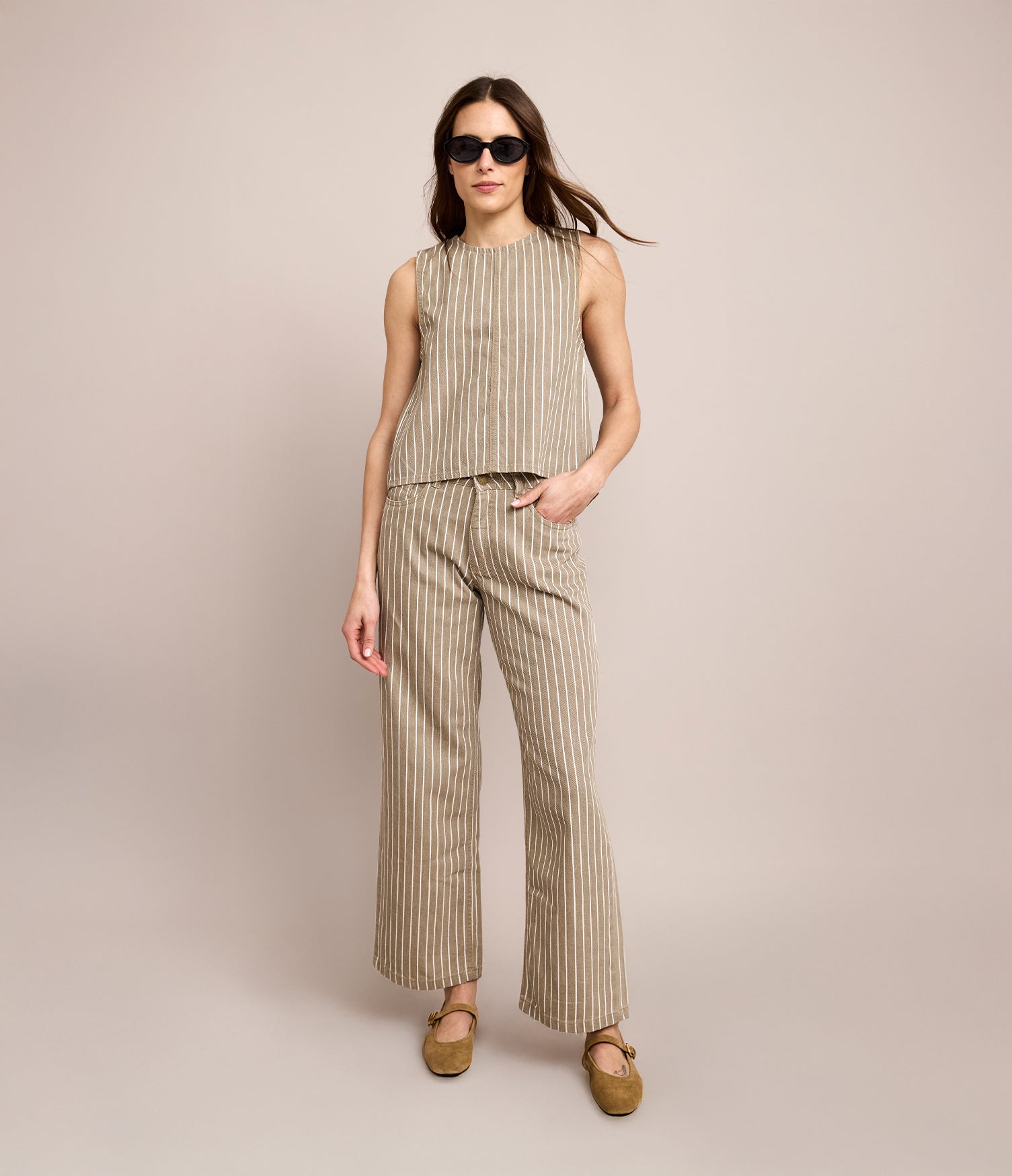 Top Mujer Denim 100% Algodón Rayado Beige