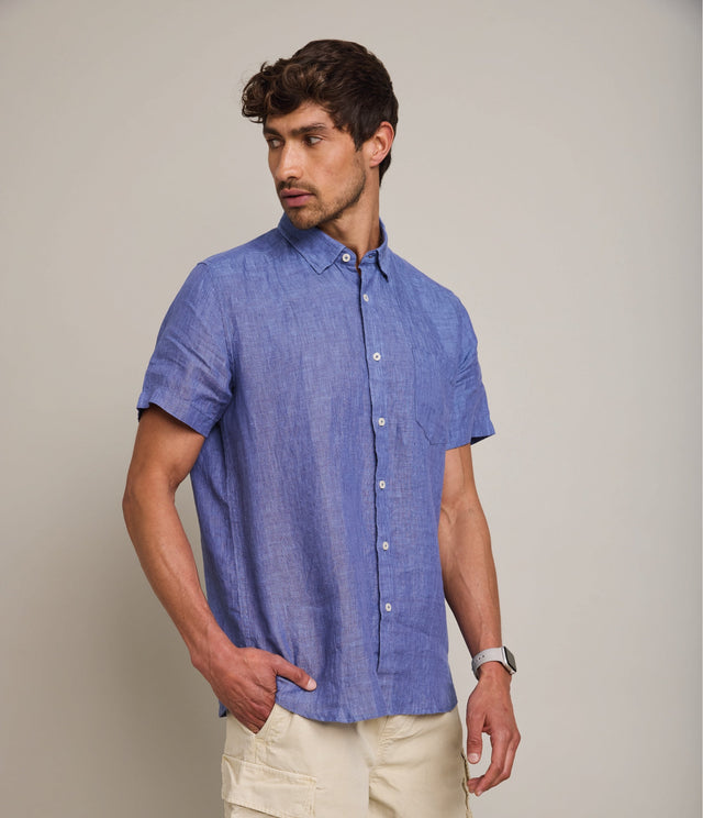 Camisa de hombre 100% lino Sintra manga corta Azulino - Camisa