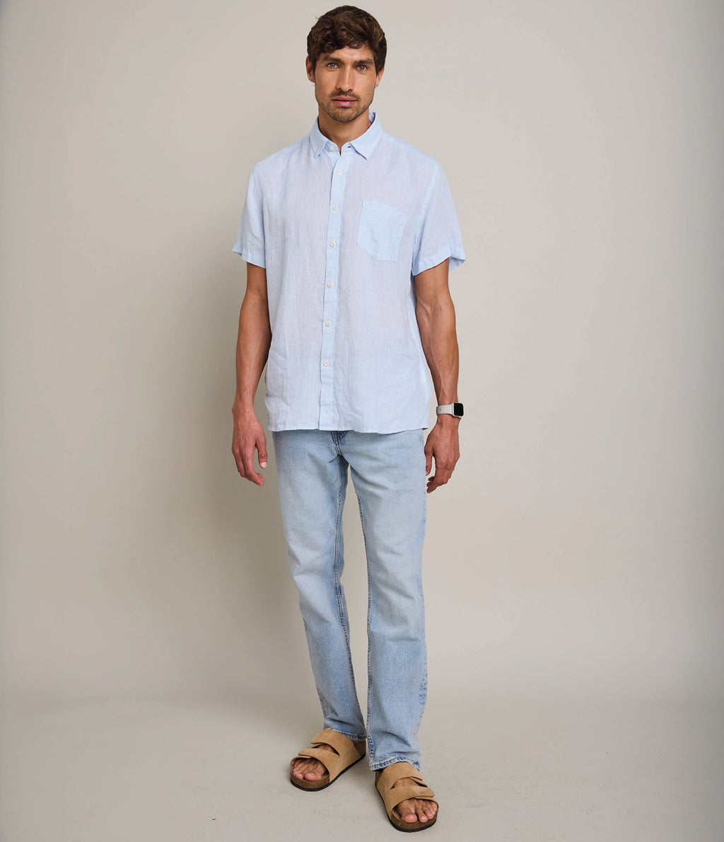 Camisa de hombre 100% lino Sintra manga corta Celeste - Camisa