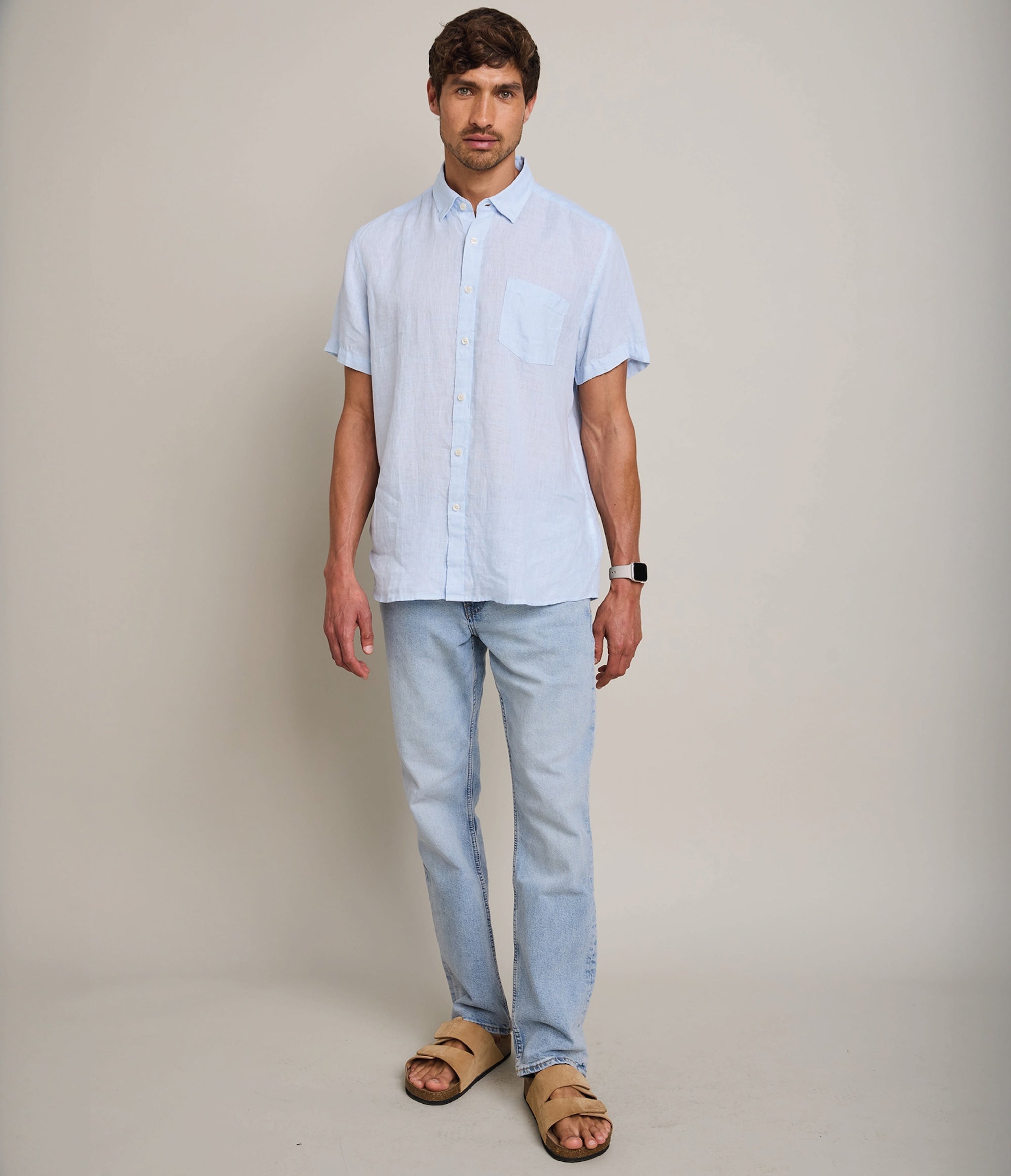 Camisa de hombre 100% lino Sintra manga corta Celeste - Camisa
