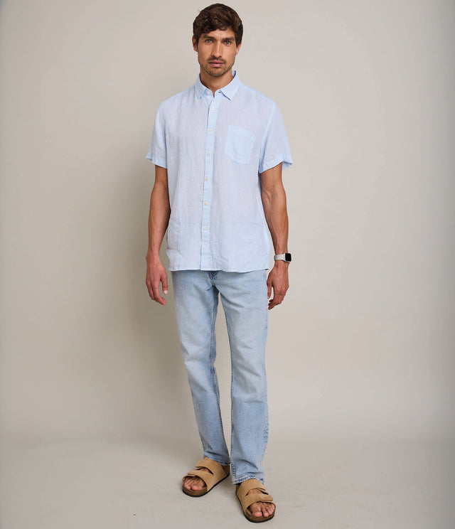 Camisa de hombre 100% lino Sintra manga corta Celeste - Camisa