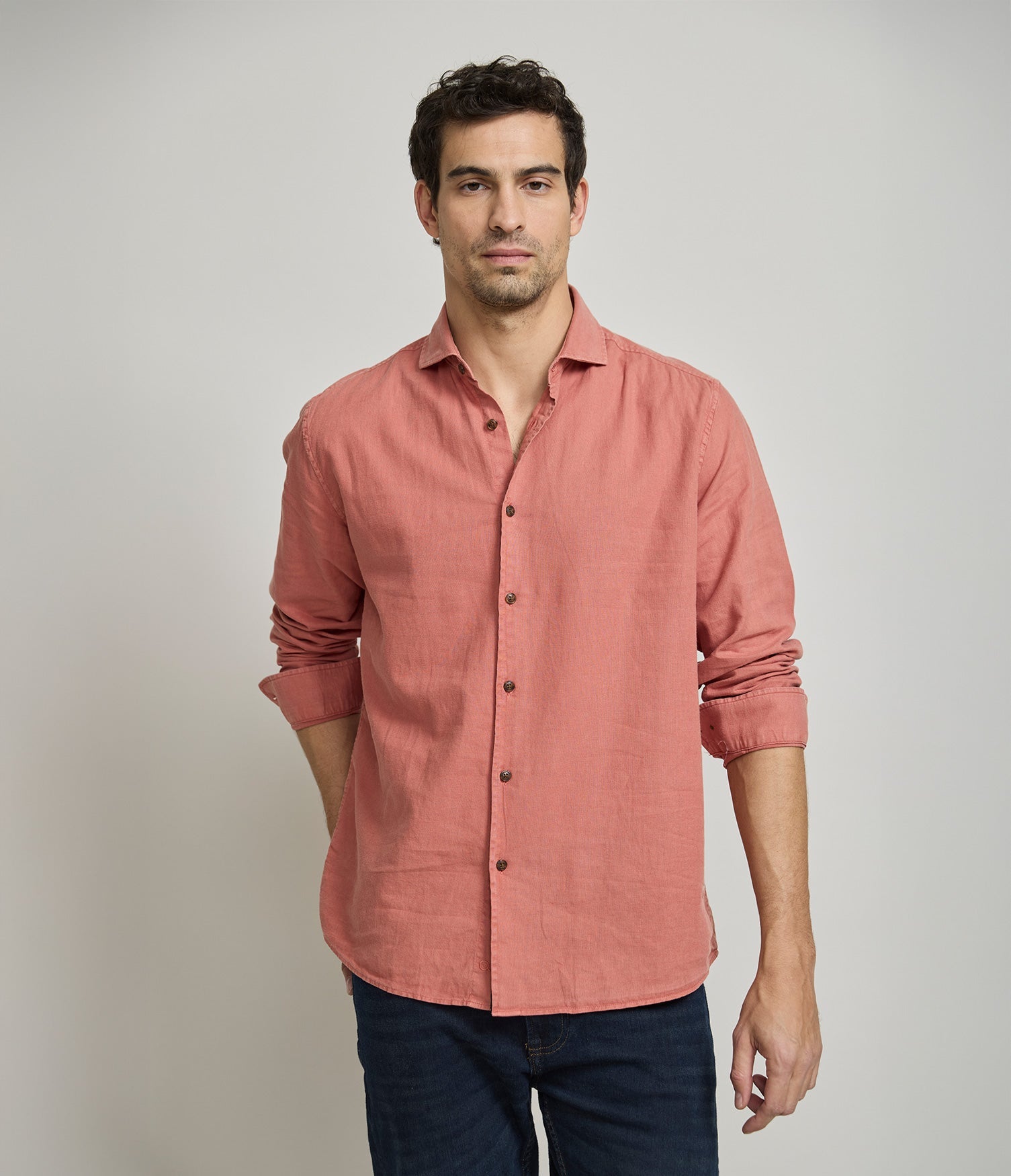 Camisa Lino Algodón Silven Manga Larga Terracota