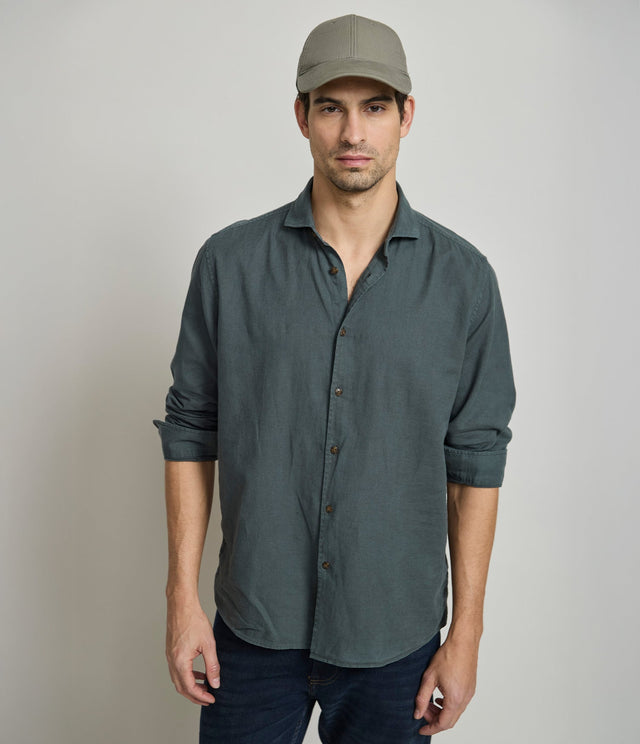 Camisa Lino Algodón Silven Manga Larga Verde Oscuro