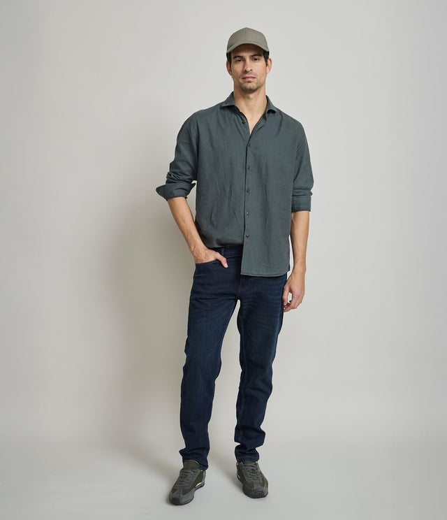 Camisa Lino Algodón Silven Manga Larga Verde Oscuro